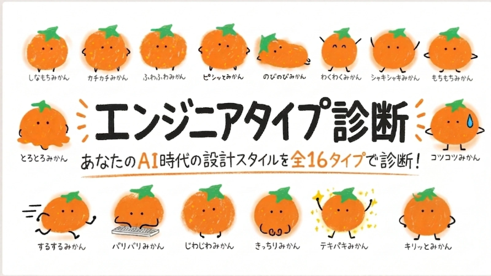AI時代のエンジニアタイプ診断の16タイプをみかんキャラクターで表したイメージ