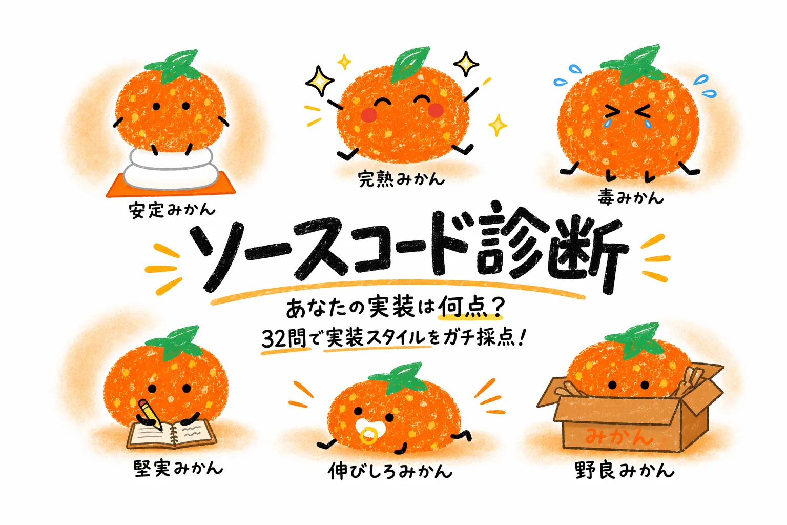 AI時代のエンジニアタイプ診断の16タイプをみかんキャラクターで表したイメージ